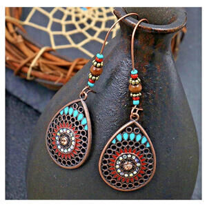 Mexican Style, Dangling Earrings, Bohemian, Teardrop Filigree with Inlays